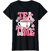 Cute Tea Time Pink Groovy Teacup Tea Lover Women Girls T-Shirt