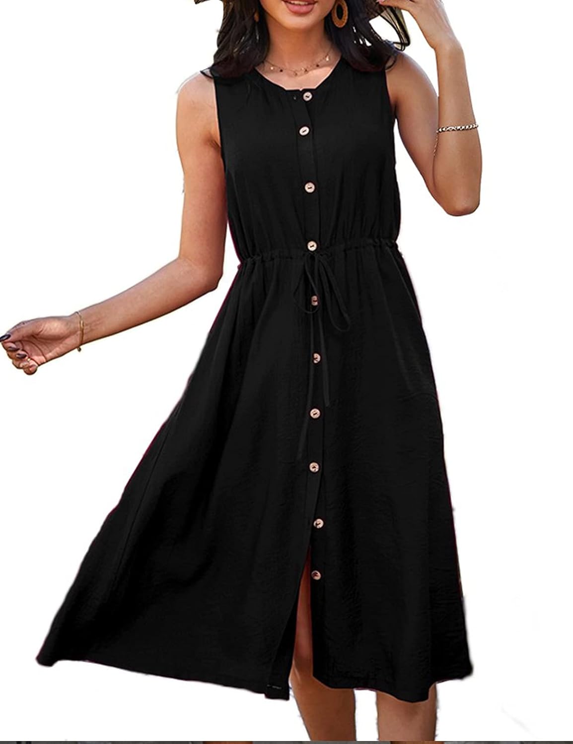 Women Summer Casual Dress Sleeveless Button Down Shirt Dress Black XL