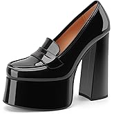 Perisis Platform Loafers for Women Closed Round Toe Chunky High Heels Slip On Patent Leather Shoes Casual Party Dress Pumps