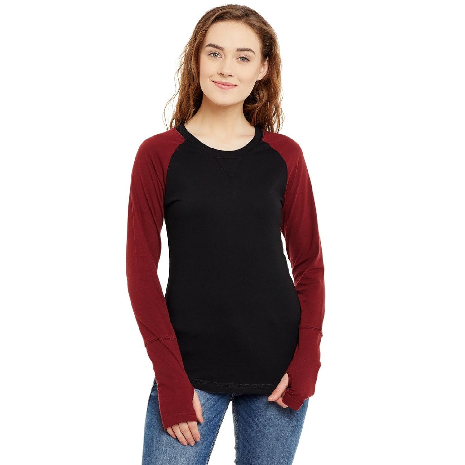 hypernation black and maroon color round neck thumb insert cotton t-shirt for women