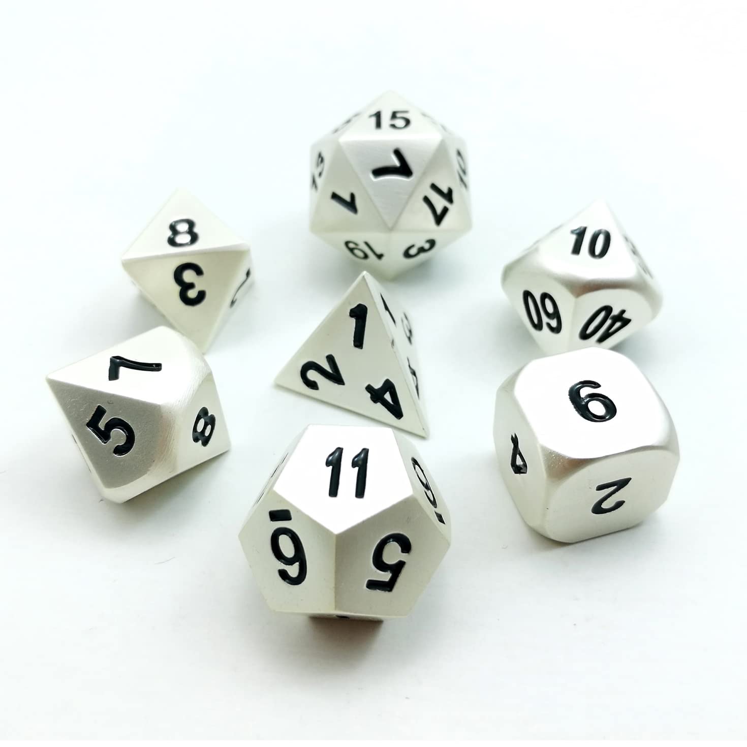 Bescon RPG Metal Dice Set of 7 Matt Pearl Silver Effect Solid Metal Polyhedral RPG Role Playing Game Dice 7pcs