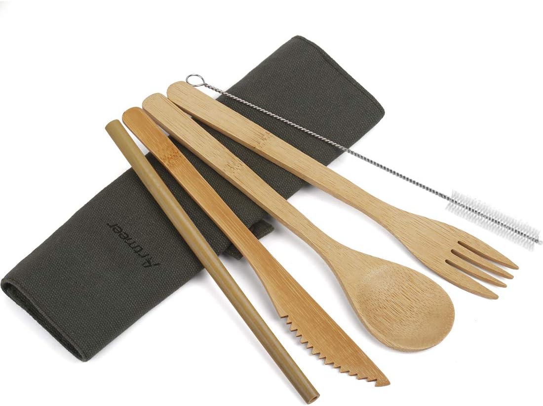 Bamboo Travel Utensil Sets Flatware Set Serving Bamboo Cutlery Set Portable Pouch Knife Fork Spoon Straw Clean Brush for Outdoor