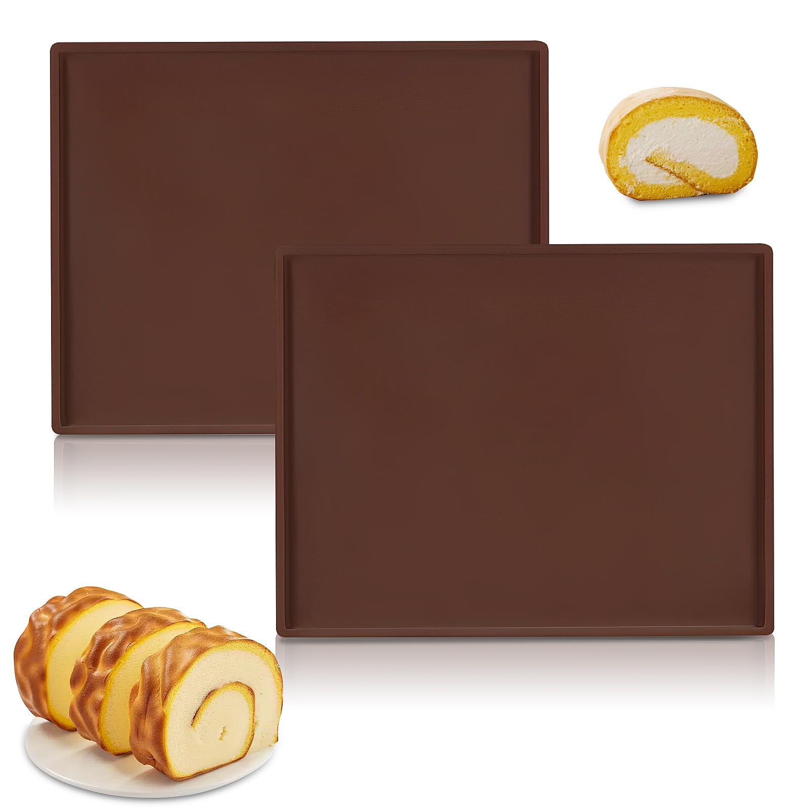 2 PCS Swiss Roll Baking Tray, Silicone Baking Mat Non-Stick Baking Trays Silicone Swiss Roll Tin for Baking, Cooking, Cake, Bread, Cookies (Brown)