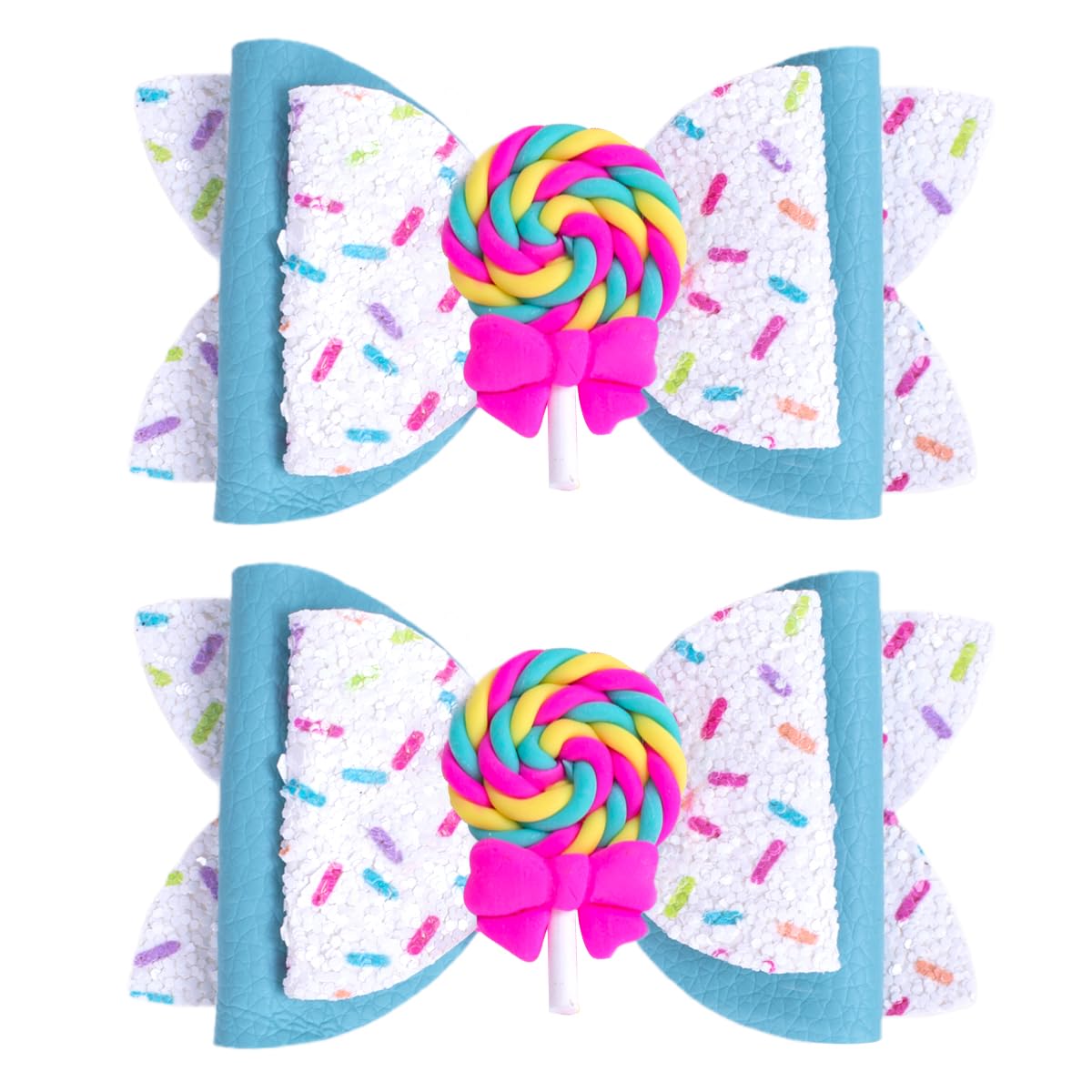 Photo 1 of Beleki Lollipop Hair Bows for Girls, Glitter Hair Clips Sparkly Confetti Sprinkle Handmade Bows Metal Alligator Hair Pin Colorful Hair Accessories for Birthday Back to School Party Decor - Blue