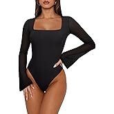 REORIA Women's Sexy Long Sleeve Square Neck Bodysuit Mesh Double Lined Going Out Tops 2025