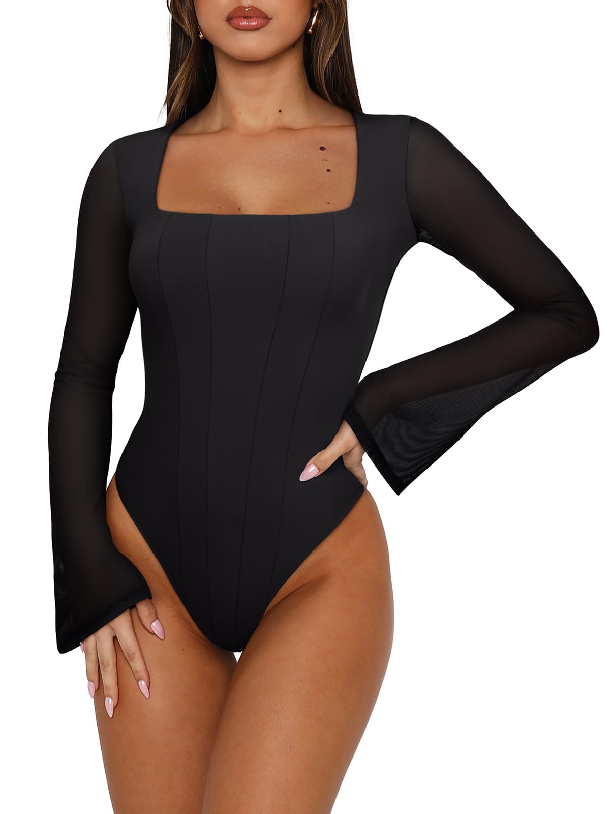 Photo 1 of REORIA Women's Sexy Long Sleeve Square Neck Thong Bodysuit Tops Sheer Mesh Double Lined Soft Going Out Y2K Trendy Fall Outfits 2025 Black Onyx Large