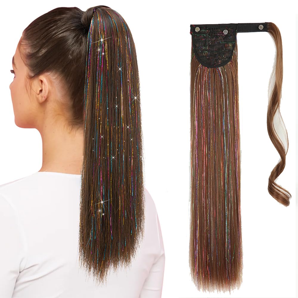 Clip in Ponytail hair extensions Long Straight Wrap Around ponytail Hair Tinsel Clip in Synthetic Pony Tail Hairpiece for Women Girls (#12 Dark brown) — image 1