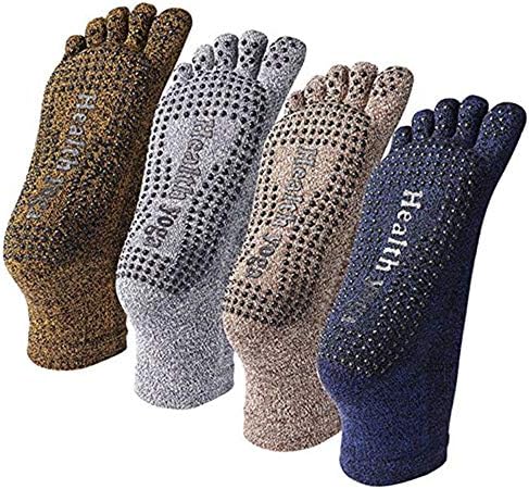 HLFaith Men's 4 Pairs Non Slip Yoga Socks with Grips - Five Toe Cotton Socks for Ballet Dance Fitness Pilates