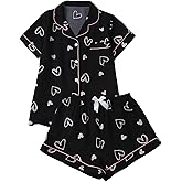 SOLY HUX Women's Pajama Set Cute Heart Print Sleepwear Short Sleeve Button Down Shirt and Shorts Sets