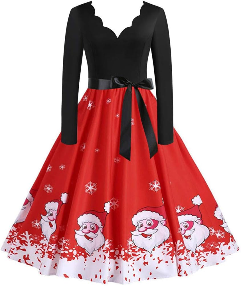 Womens Midi Dress Sale Long Sleeves Christmas Musical Notes Print Vintage Flare Dress Cocktail Prom Gown Dress Evening Party Outfits for Womens by Kinlene