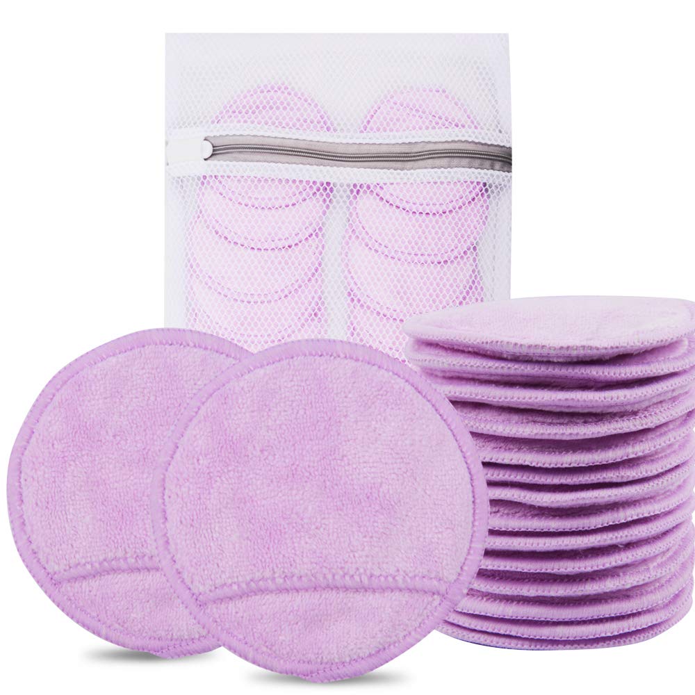 KinHwa 14 Pack Makeup Remover Pads Reusable Microfibre Round Face Pads for Face Eyes Lips Washable Face Cloths for All Skin Types Light-purple