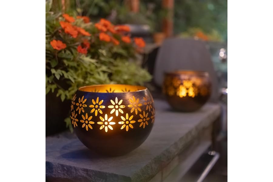 Solar Fire Bowl (1-Pack) Outdoor Waterproof Solar Lanterns - Metal Porch Lights with Flickering Flame for Tabletop, Patio, Garden & Landscape Decor (Bronze/Copper)