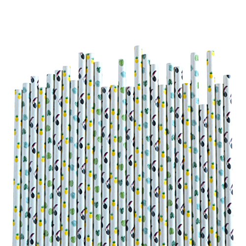 Tropical Paper Straws with Toucan Straws, Tropical Leaves Straws, and Pineapple Straws, made in America by REVEL & Co, package of 50 straws