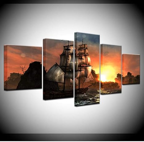 Amazon Co Jp Hdプリント写真モジュラーキャンバスウォールアートフレーム5ピースサンセットヨット海景絵画家の装飾ボートセーリングポスター ホーム キッチン