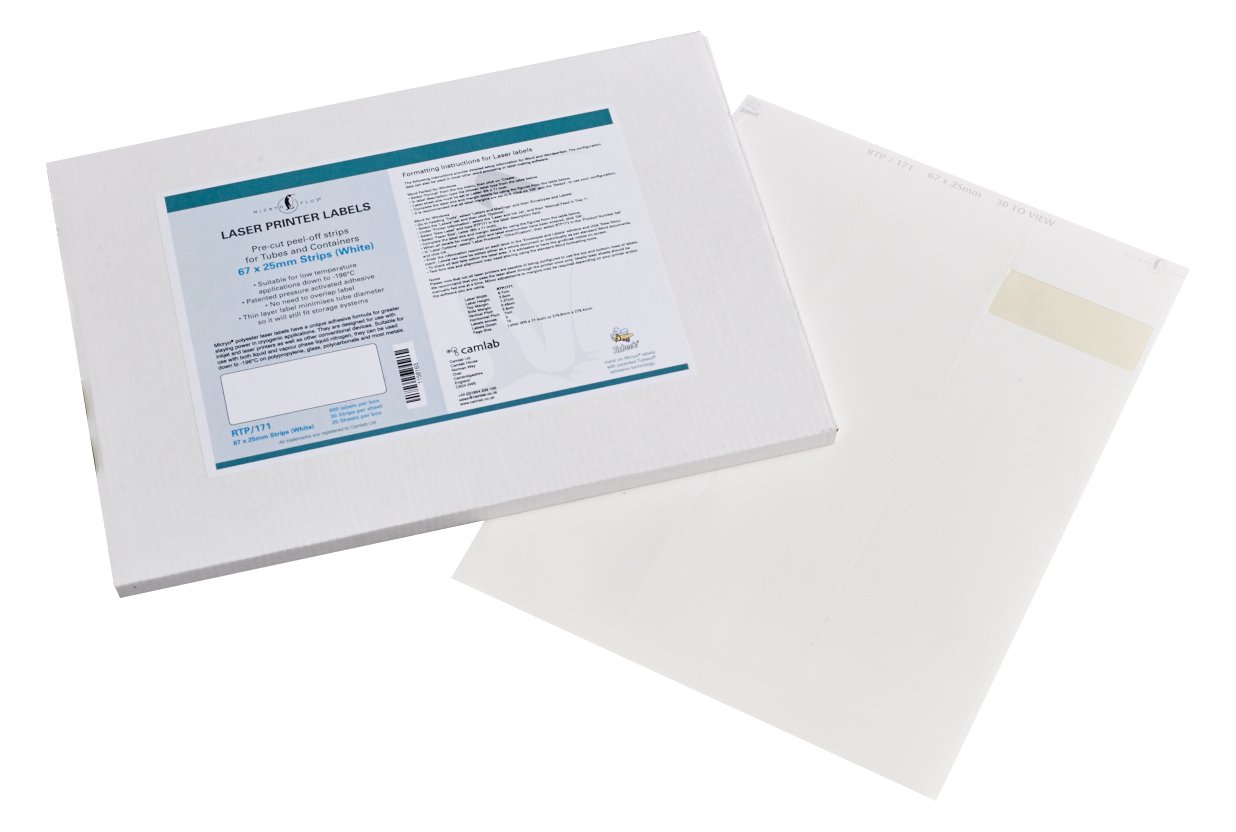 Camlab Plastics RTP/171 Tubee's Strip, 67 mm x 25 mm, 20 Sheets of 30 Labels, Cryogenic White (Pack of 600)