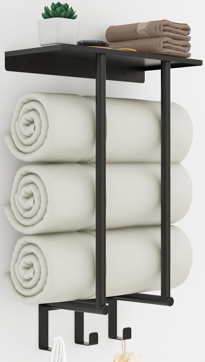 Photo 1 of Towel Racks for Bathroom, Bathroom Towel Rack Wall Mounted with Metal Shelf and 3 Hooks for Small Bathroom, Black
