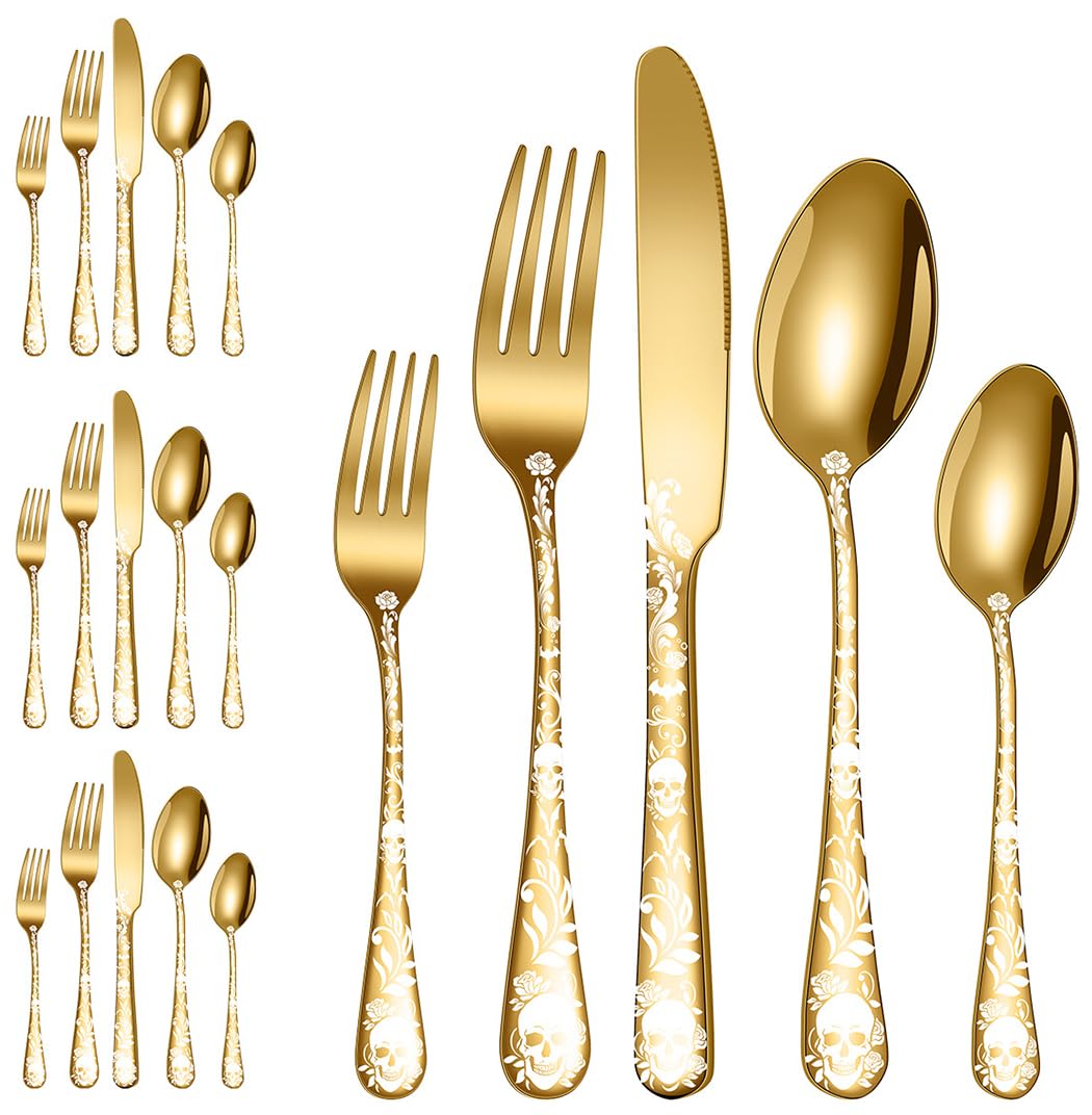 XIAOYU 20 Piece Halloween Skeleton Tableware Silverware Set, Metal Flatware Set Service for 4, Gothic Unique Skull Flower Pattern Design, Skeleton Utensil Cutlery Set for Halloween Easter Christmas