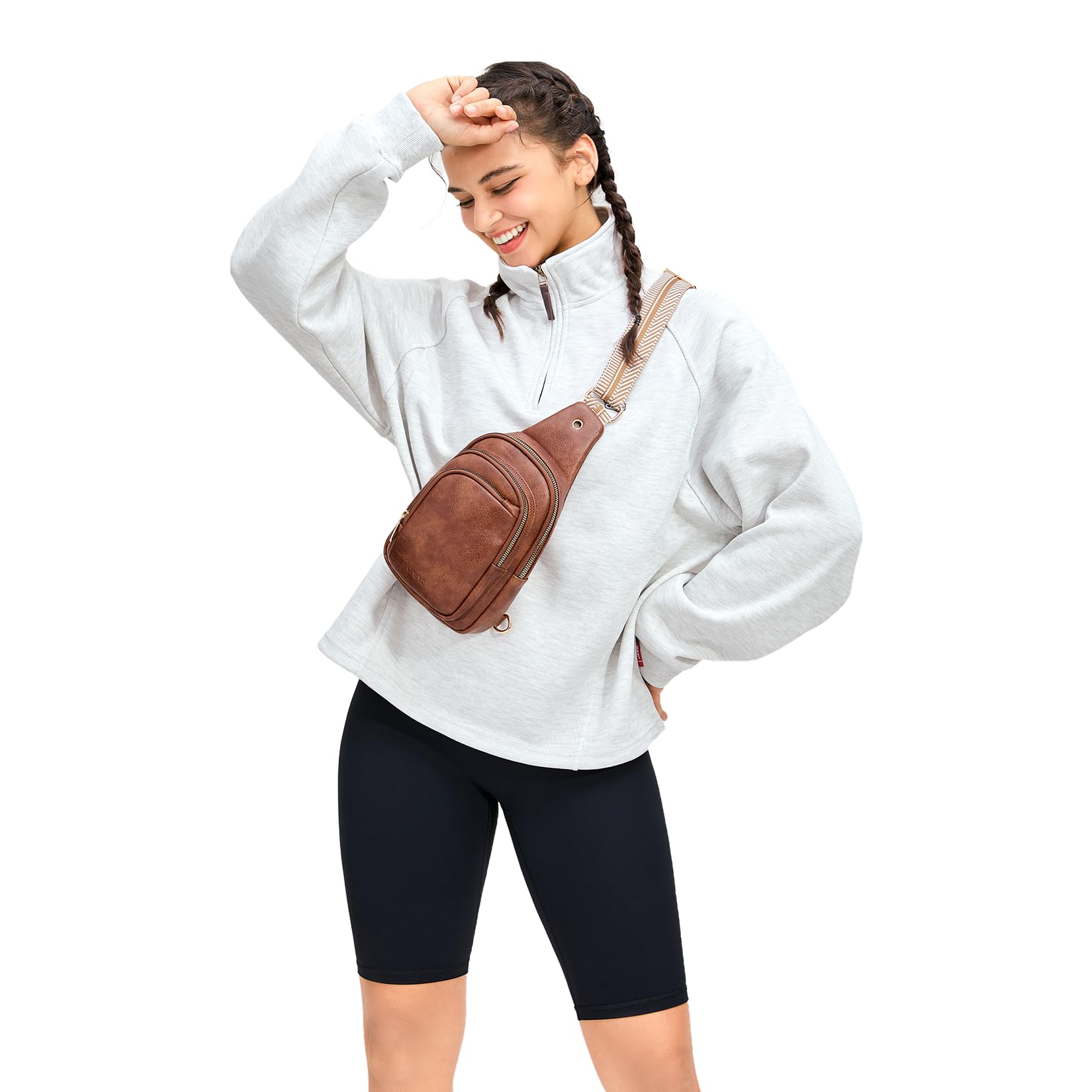 VNINE Small Sling Bag for Women Men Leather Crossbody Bags Fashionable Sling Backpack with Three Pocket Fanny Packs Chest Bag with Adjustable Strap (Brown)