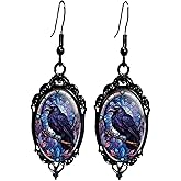 Gothic Halloween Cameo Earrings,Vintage Crystal Glass Witch/Raven/Bat/Tree Dangle Earrings Punk Style Dark Earring Goth Victorian Earring Halloween Jewelry for Women