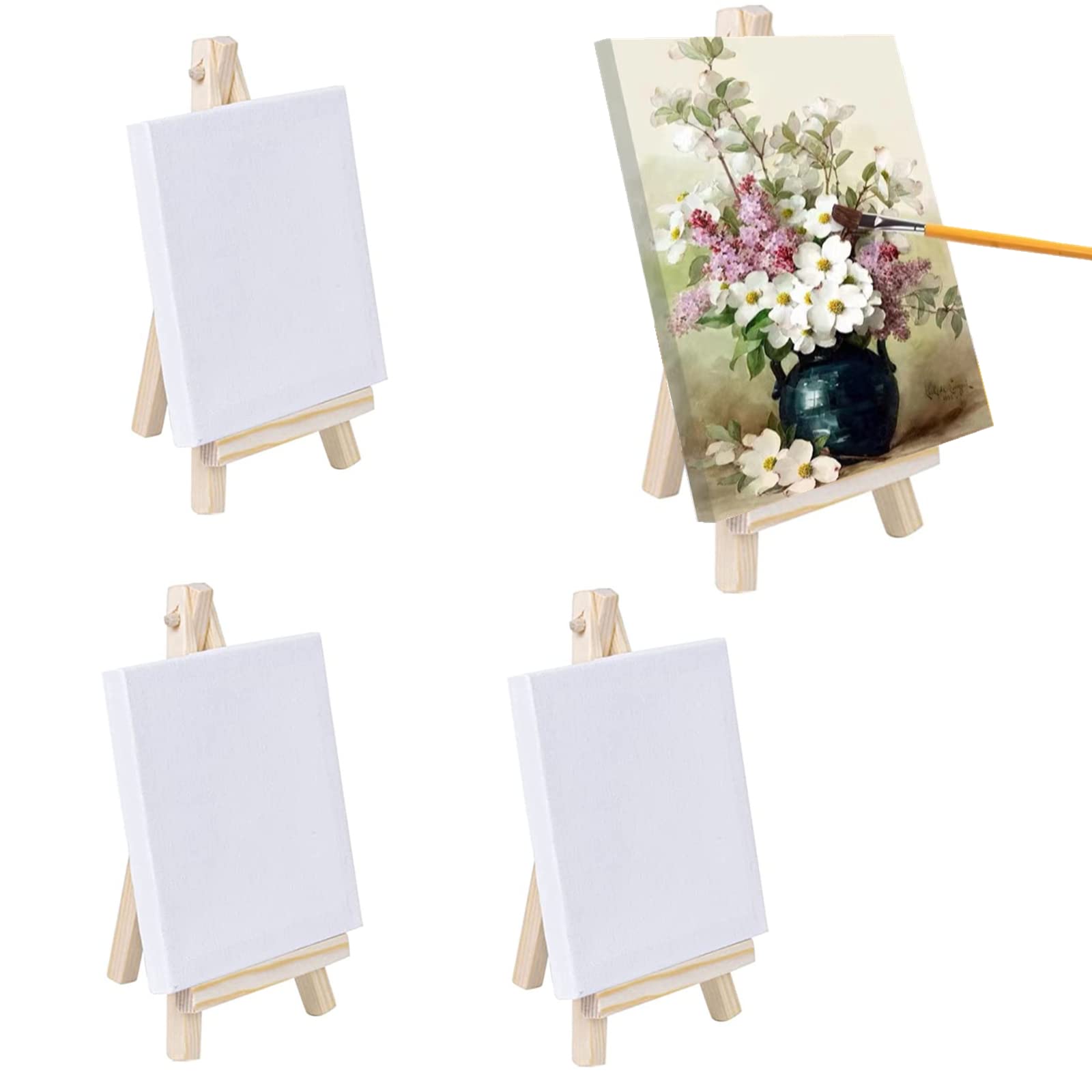 Mini Canvas and Easel Set with Mini Wooden Easel - 4 Pcs Adjustable Mini Artist Easel & 8x8cm Blank Art Canvas Boards for Kids Painting, Craft Decorating, Oil Acrylic Artists