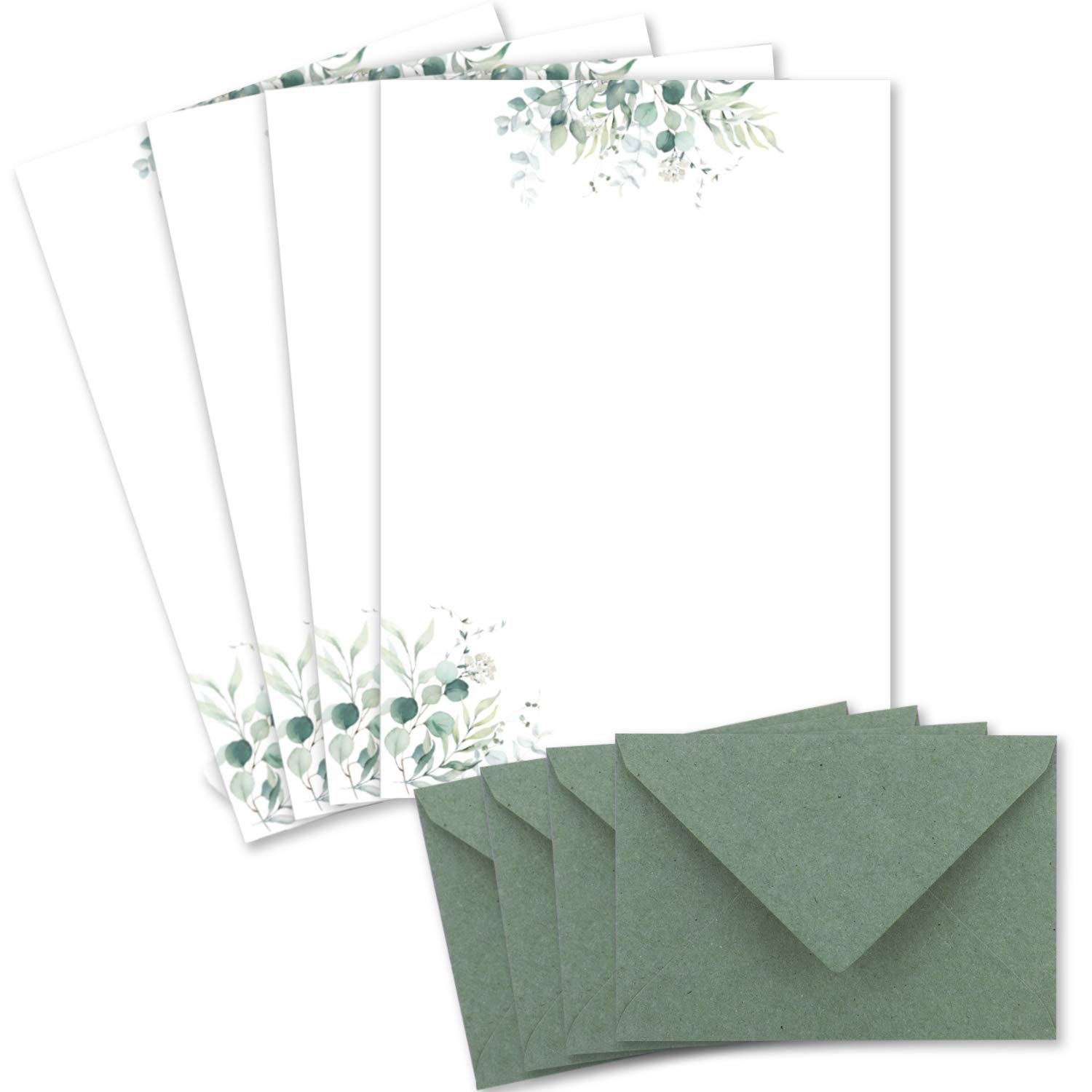 25 Sets of Letter Paper DIN A4 – Natural Paper in Cream with Eucalyptus Branches – with Envelopes DIN C6 in Eucalyptus Green Letter Paper – Printable – Ideal for Wedding Invitations
