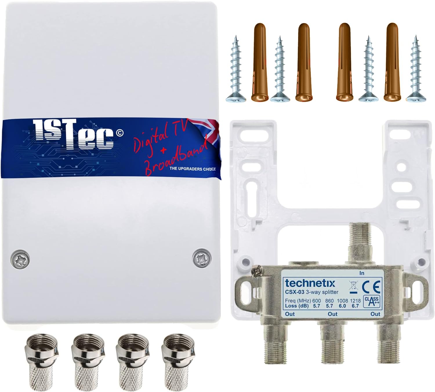 1STec Virgin Media Technetix Passive 2/3 Way Wideband Signal Splitter & Housing Cover + F-Connectors for Screw-on Leads to connect TiVo TV Set Top Box Superhub Internet Modem Router 1218MHZ Freeview
