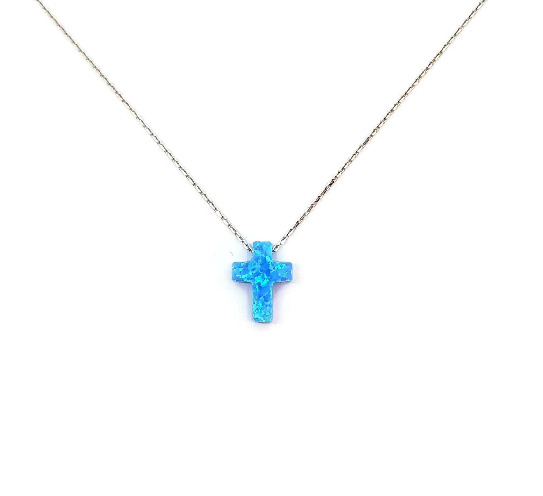 MYSTIC JEWELS 925 Sterling Silver Synthetic Opal Cross Pendant Necklace Length 40cm + 5cm Adjustable (Sterling Silver)