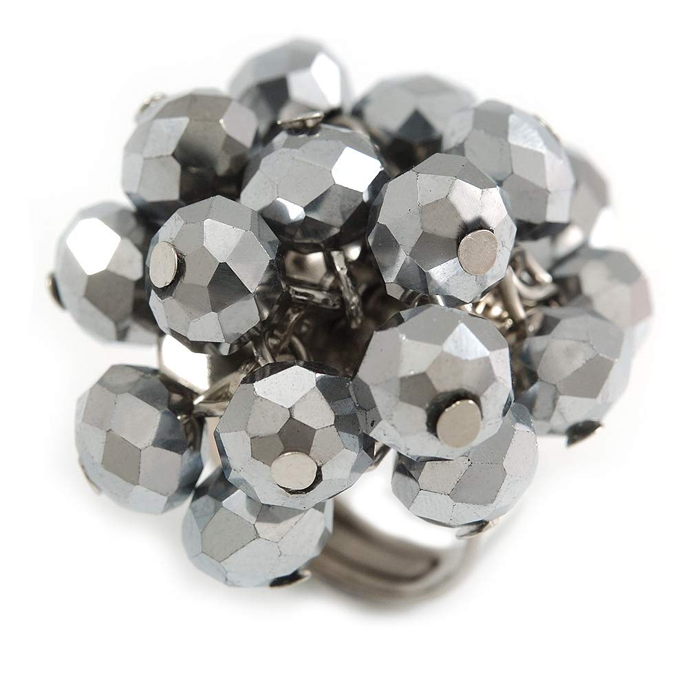 Avalaya Hematite Grey Glass Bead Cluster Ring in Silver Tone Metal - Adjustable 7/8