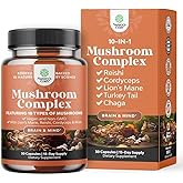 Advanced Mushroom Complex Capsules - 10X Lions Mane Supplement Capsules with Reishi, Chaga, Maitake & Shiitake for Brain Health Memory Support & Focus - Nootropic for Mental Clarity - 30 Caps