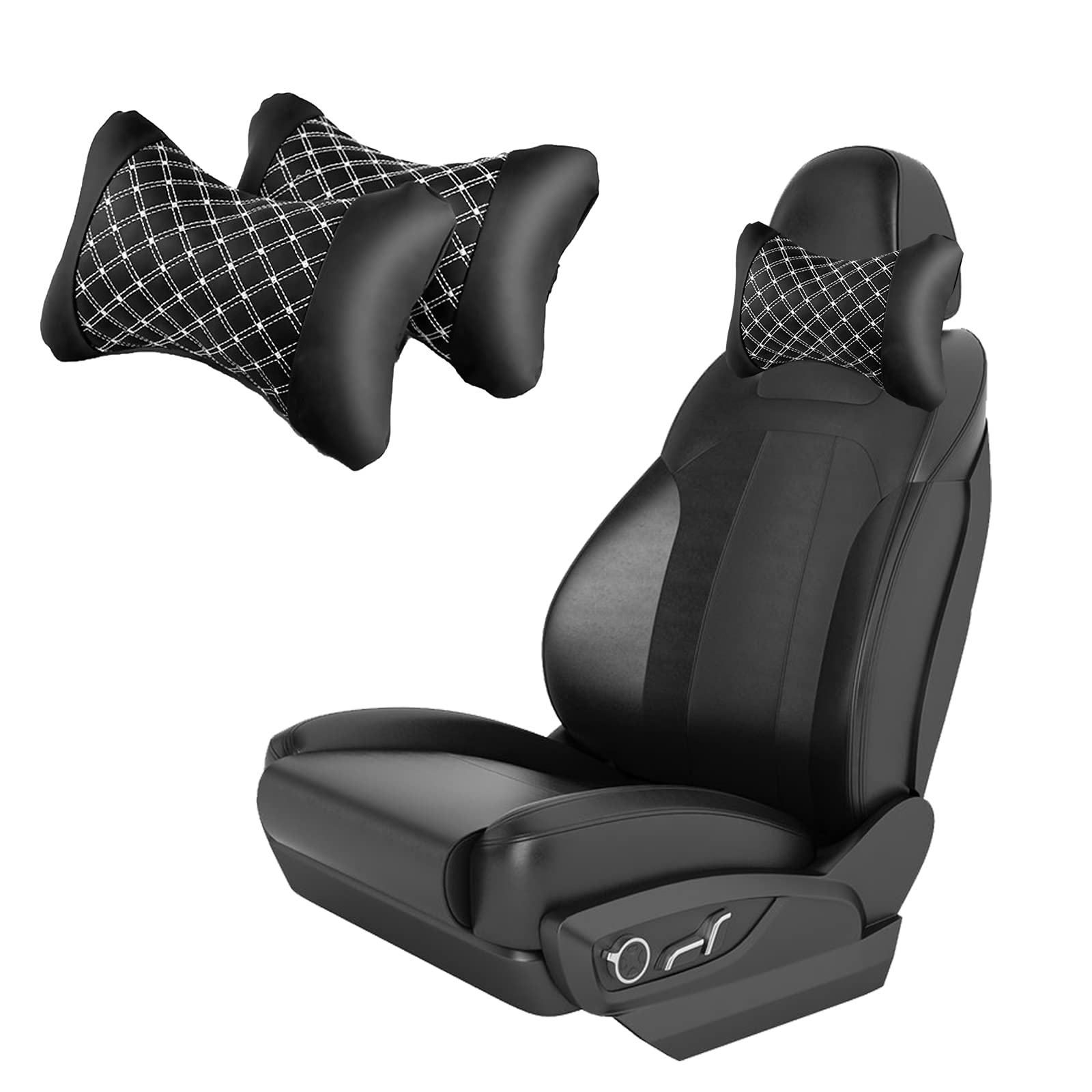 2 Pcs Car Headrest,Neck Support Pillow Double Rhombus Pattern Made of Breathable Leather and Comfortable Memory Foam for Car Seat Headrest Support Cushion for Pain (White)