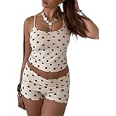 ROAONOCOMO Women Y2k Striped Shorts Set Sleeveless Backless Cami Top Polka Dot Mini Shorts Outfit Fitted 2 Piece Lounge Set