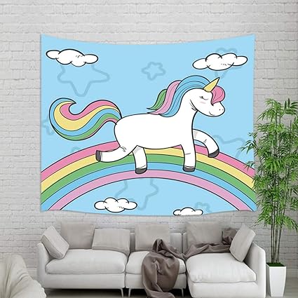 Cartoon Unicorn Rainbow Kids Wallpaper Tapestry Wall Hanging Magical Animals Unicorn With Cute Cloud Star Wall Blanket For Home Decorations College