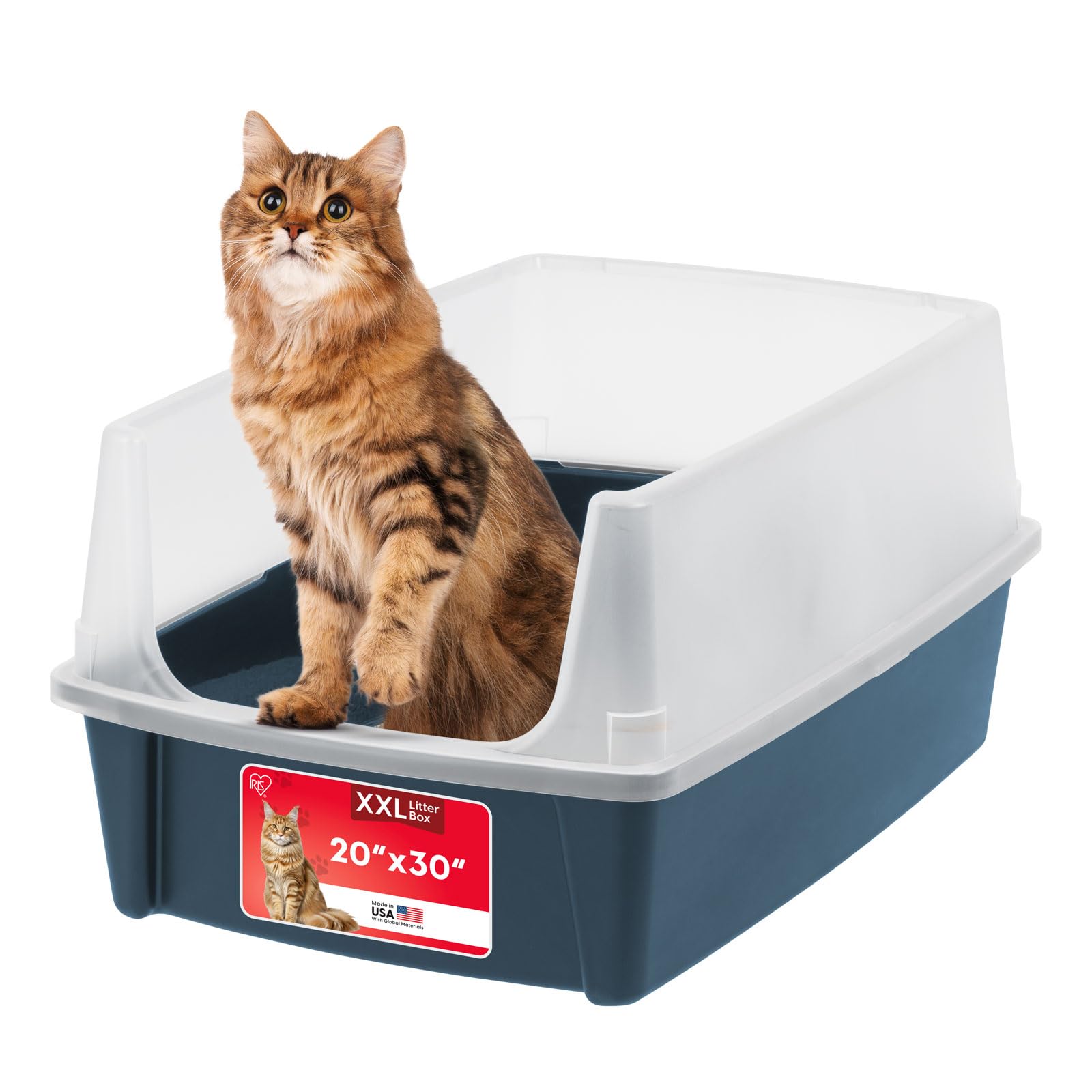 Photo 1 of IRIS USA XX-Large Cat Litter Box, Open Top Extra Large Litter Box for Big Cats and Multi-Cat Households, High Sided Scatter Shield, Easy to Clean, 30" L x 20" W x 14" H, Navy