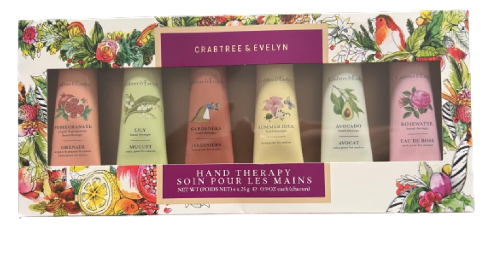 Crabtree And Evelyn 6 pc Hand Therapy Set .9 Oz each Pomegranate, Lily, Gardner's, Summer Hill, Avocado, Rosewater Hand lotion