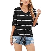 SUEANI Women's Tie Front Tops Summer V Neck 3/4 Bell Sleeve Twist Knot Shirt