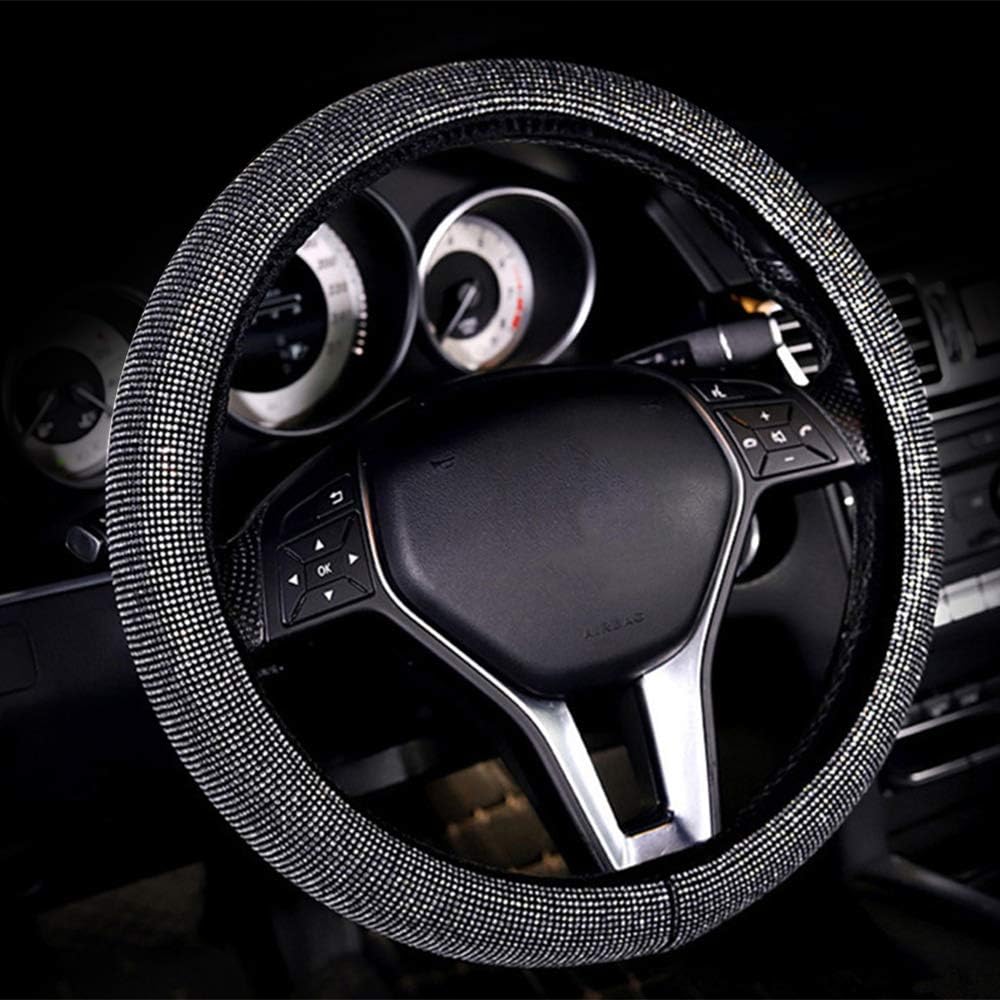 ZHOL Diamond Steering Wheel Cover for Women Men, Universal 15-inch Bling Bling Crystal Rhinestones Car SUV Wheel Protector, (Black)