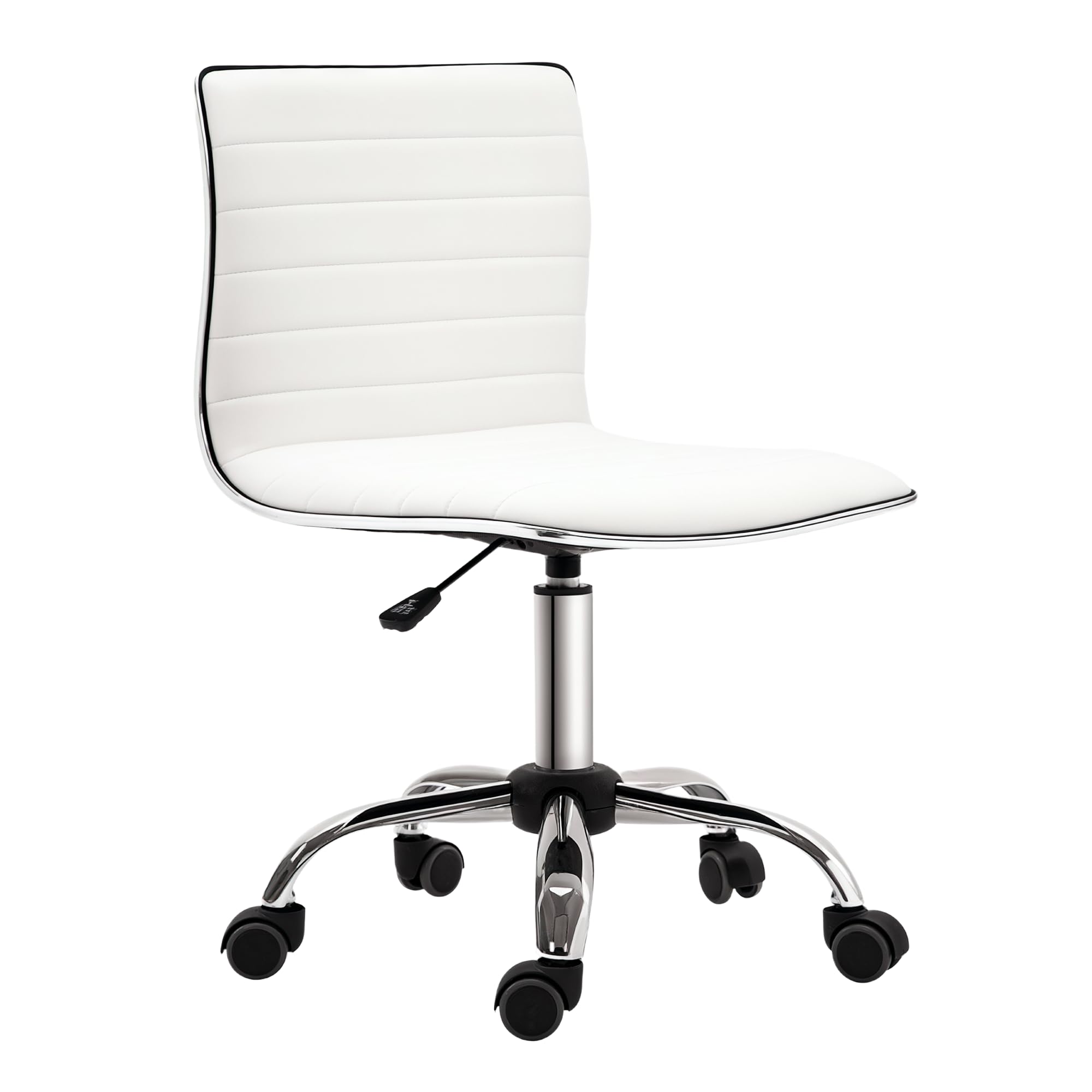 HOMCOM Armless Task Desk Chair, Swivel Office Chair with Faux Leather, Adjustable Seat Height, Chrome Base, Wheels for Home, White