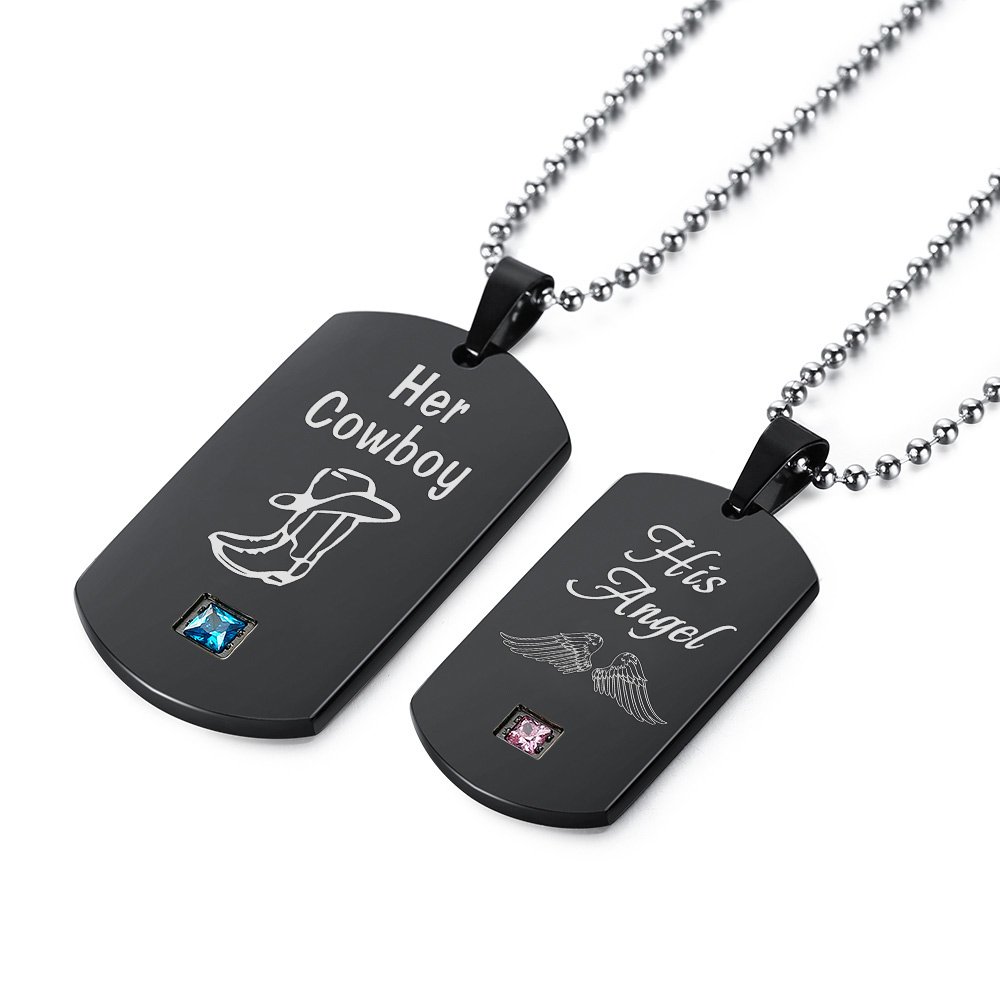GAGAFEEL Couples Necklace His Angle Her Cowboy CZ Pendant Dog Tag Necklaces Anniversary Gift for Friends Women Men (His Angle Her Cowboy)