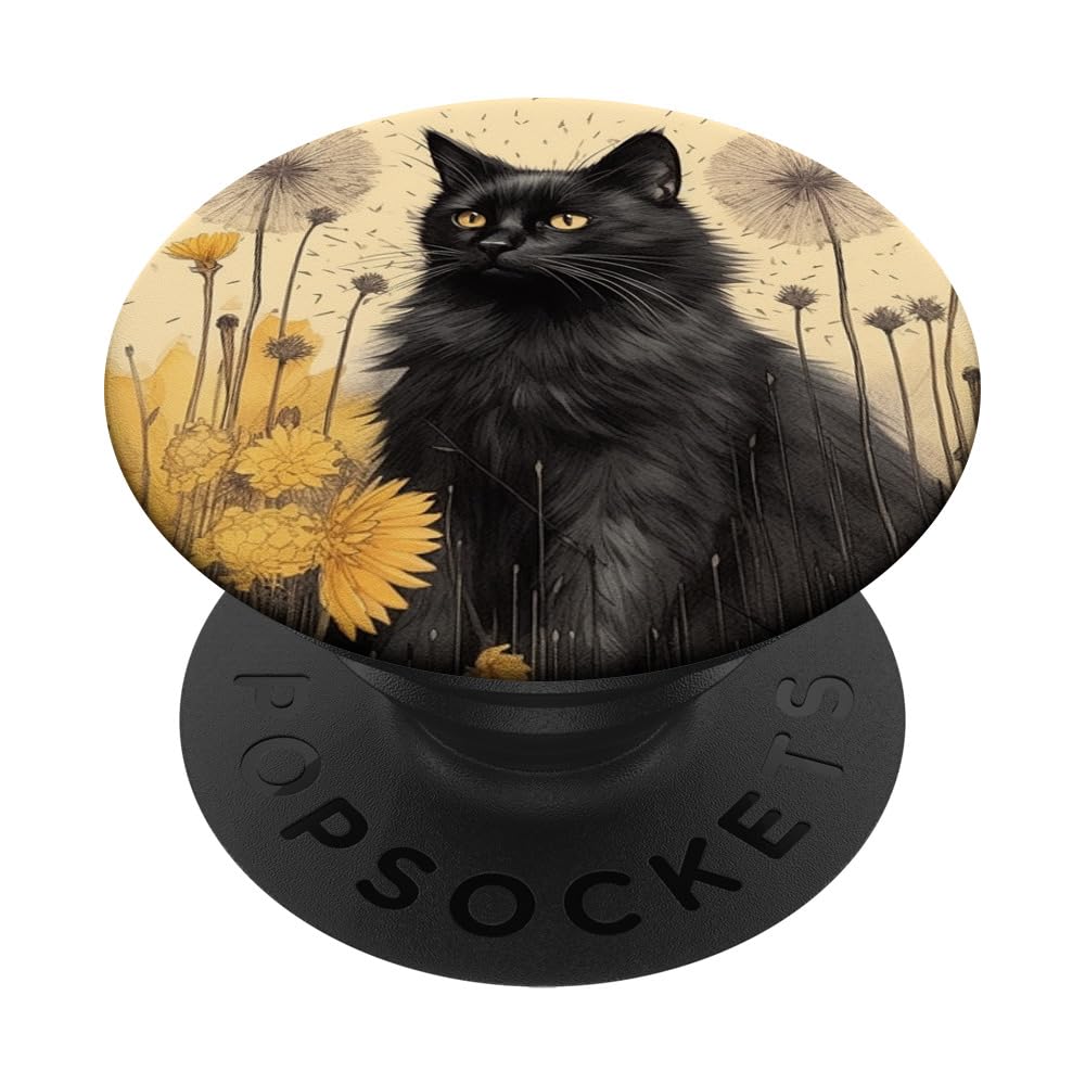 Black Cat Floral Dandelion Flower PopSockets Swappable PopGrip