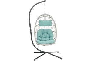 Yechen Egg Swing Chair with Stand, Patio Wicker Rattan Hanging Chair Swing Hammock Egg Chairs with UV Resistant Cushion for Indoor Bedroom Outdoor Garden Backyard, Light Blue (QH1912050036USBL)