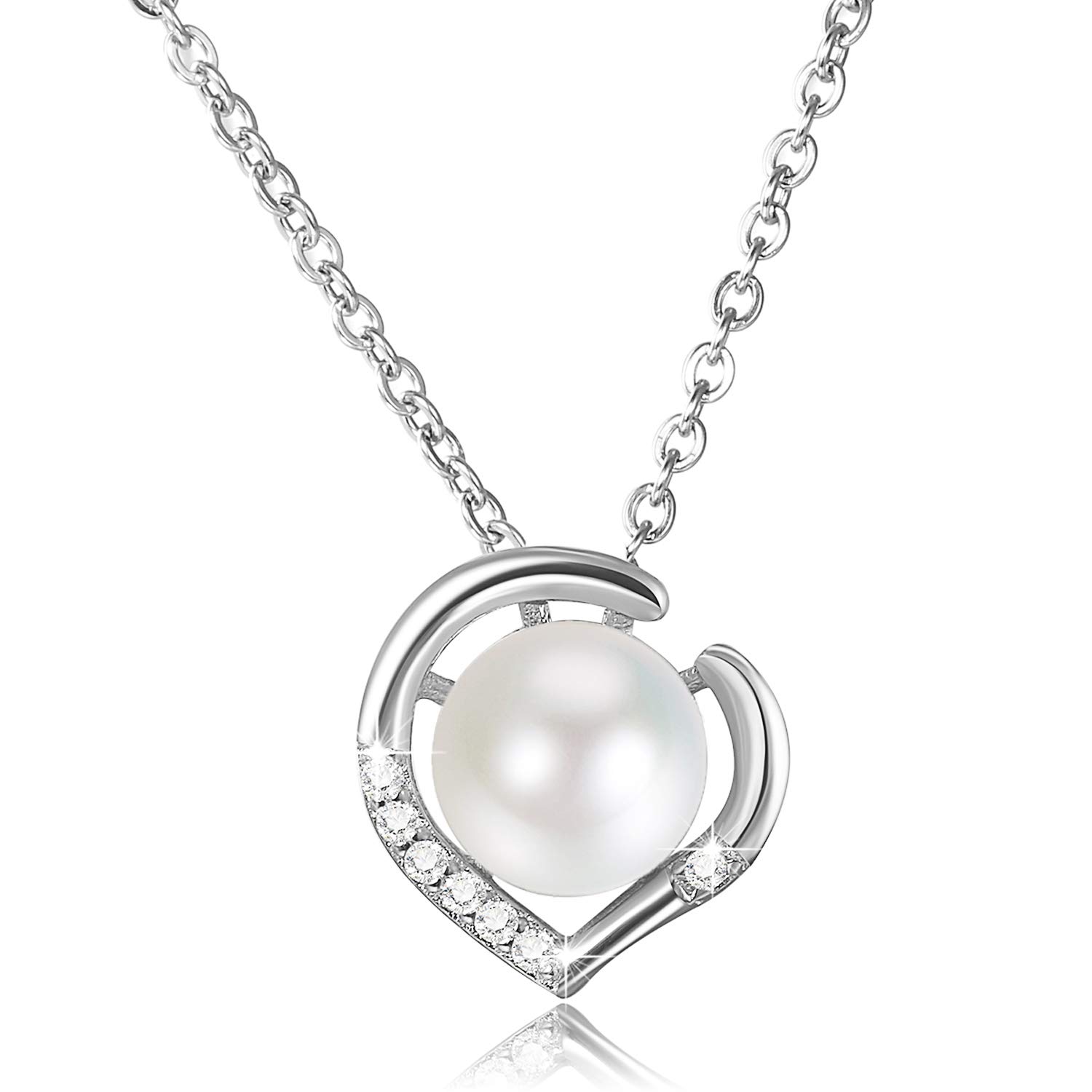Oidea 925 Sterling Silver Freshwater Cultured Pearl Heart Pendant Necklace,Embed Shiny Cubic Zirconia with Gift Box