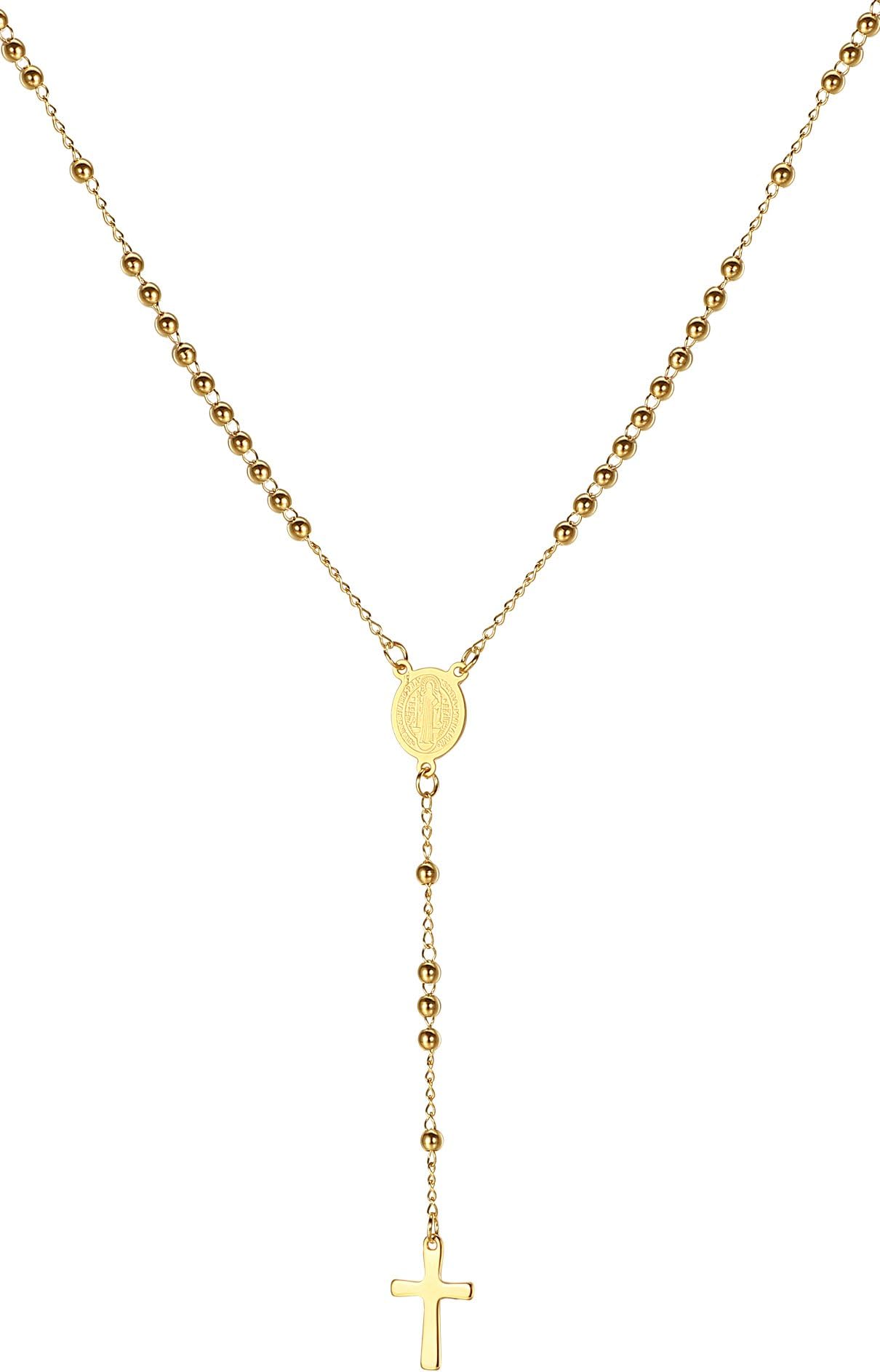 LineAve Women's Stainless Steel Catholic Rosary Cross, Beads, and Medal Y Necklace