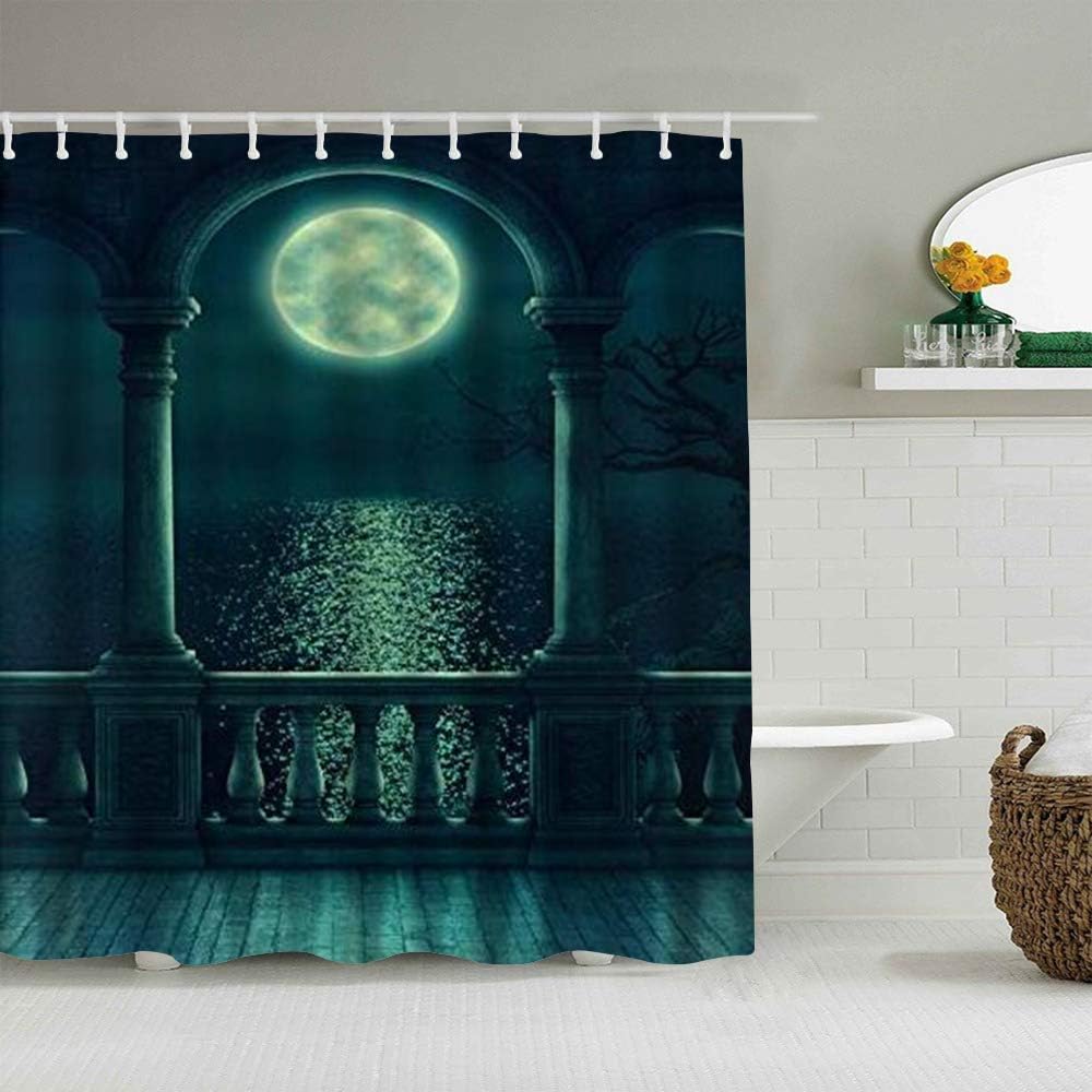 Amazon Com Mimuti Decoration Shower Curtain Building Arched Window Moon Branch Simple Blue White Bath Curtains Cloth Fabric Bathroom Decor Set With Hooks 72x72inch Home Kitchen