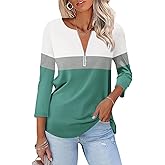 ORANDESIGNE Women’s 3/4 Length Sleeve Tops Summer Color Block Zipper T Shirts Casual Ladies Tees