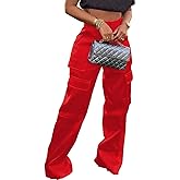 Baczoe Satin Cargo Pants for Women High Waisted Wide Leg Silky Dressy Club Outfits with Pockets Casual Streetwear