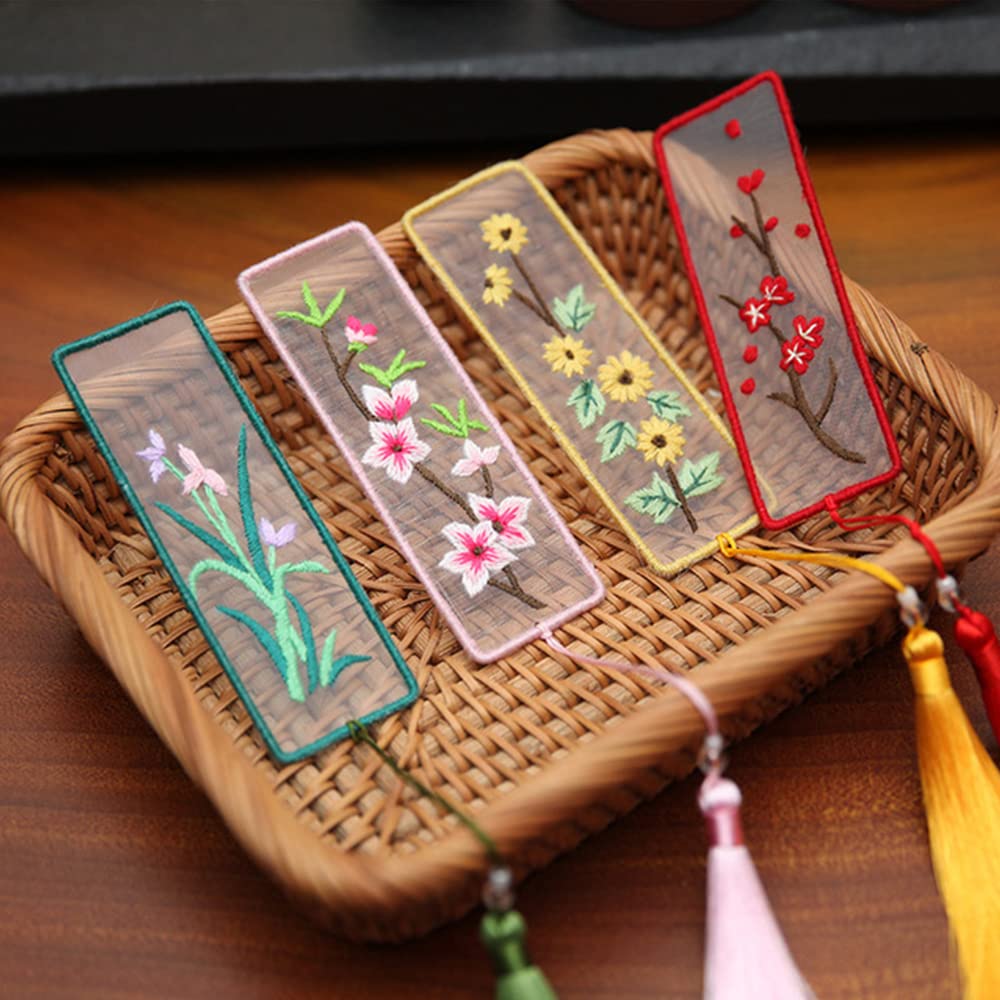 Namvo 4Pcs DIY Cross Stitch Bookmark Kit with 16.5cm Embroidery Hoops, Flower Bookmark Embroidery Craft Tassel Book Marks Cross Stitch Art Gifts