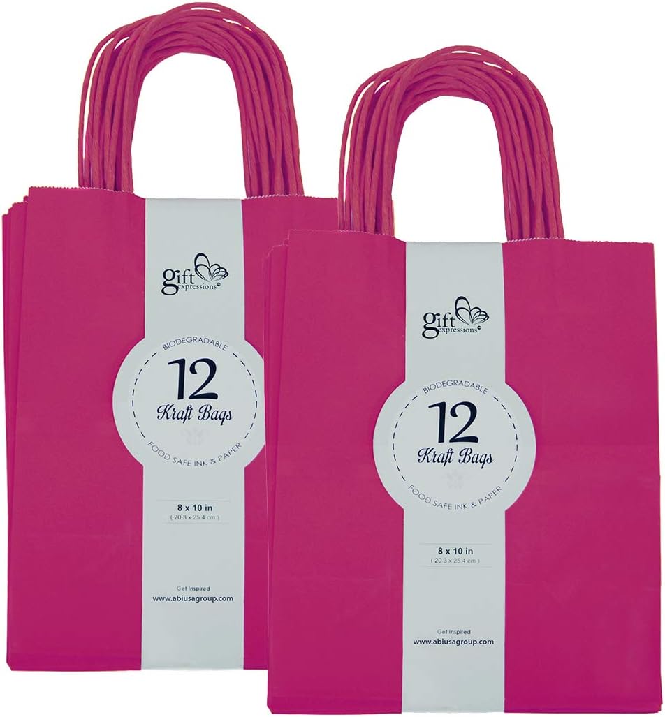 Gift Expressions 24CT Medium Magenta Biodegradable, Food Safe Ink & Paper, Premium Quality Paper (Sturdy & Thicker), Kraft Bag with Colored Sturdy Handles (Medium, Magenta)