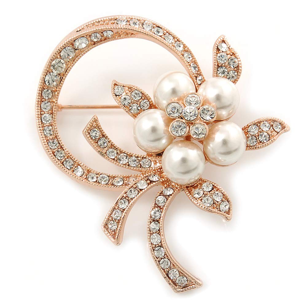 Bridal Crystal, Similutated Pearl Flower Brooch In Rose Tone Gold - 50mm Across