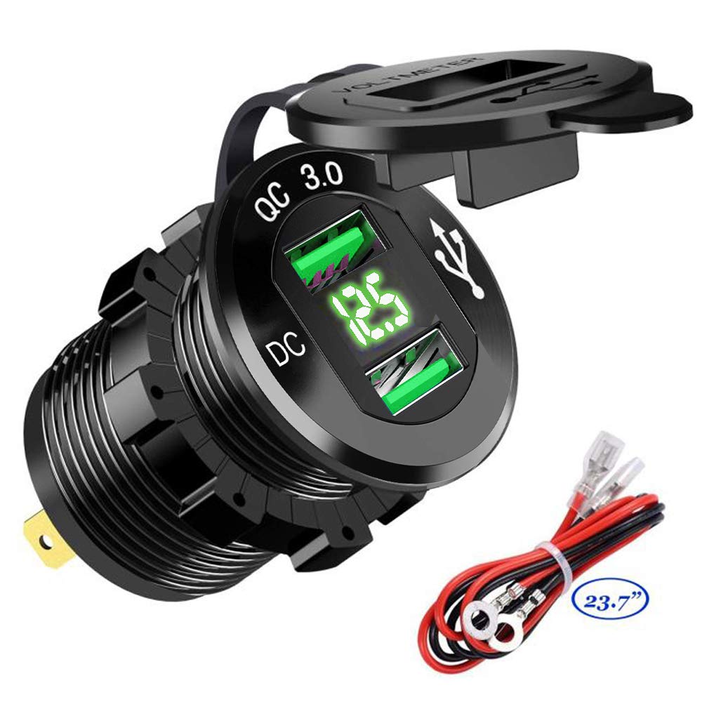 Car Charger Socket 12V/24V 36W Aluminum QC3.0 Waterproof Incar Charger Fast Charger Power Outlet with LED Voltmeter for Marine, Boat, Motorcycle, Truck, Golf Cart