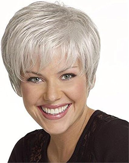 Court Cendre Gris Mèche Perruque Synthétique Duveteux Peu Frisé Costume Cheveux Pour Vieux Milieu âge Femmes Bureau Dame